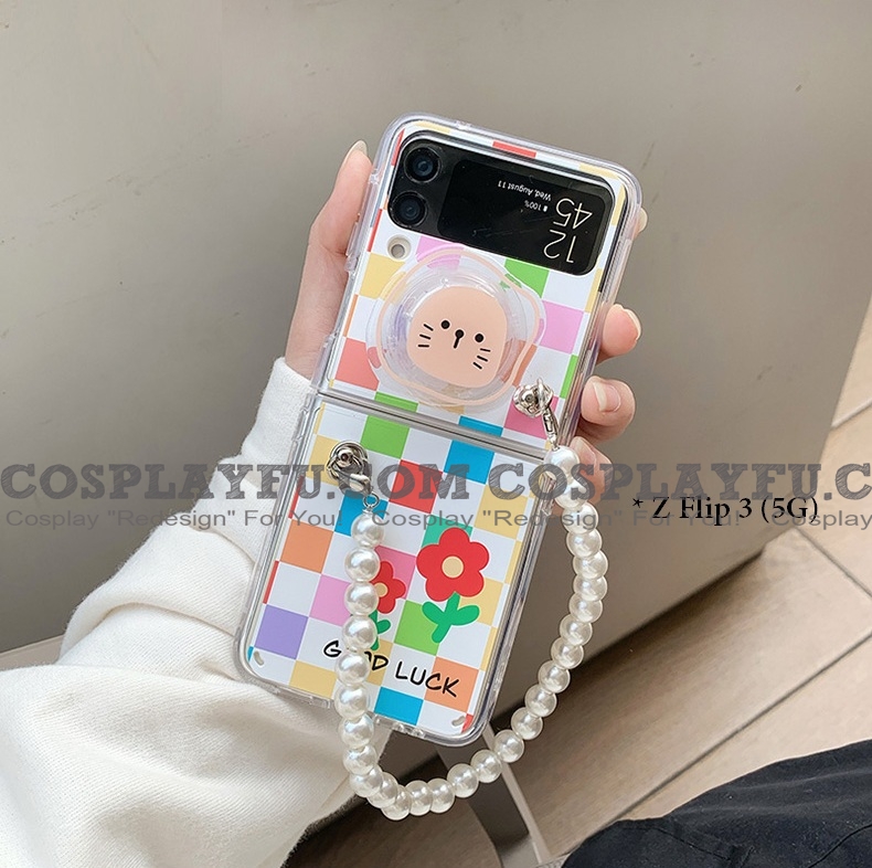 Handmade Cute Cartoon 3D Animals Holder Colorful Grids with Pearl Chain Phone Case for Samsung Galaxy Z Flip and Z Flip 3 (5G)