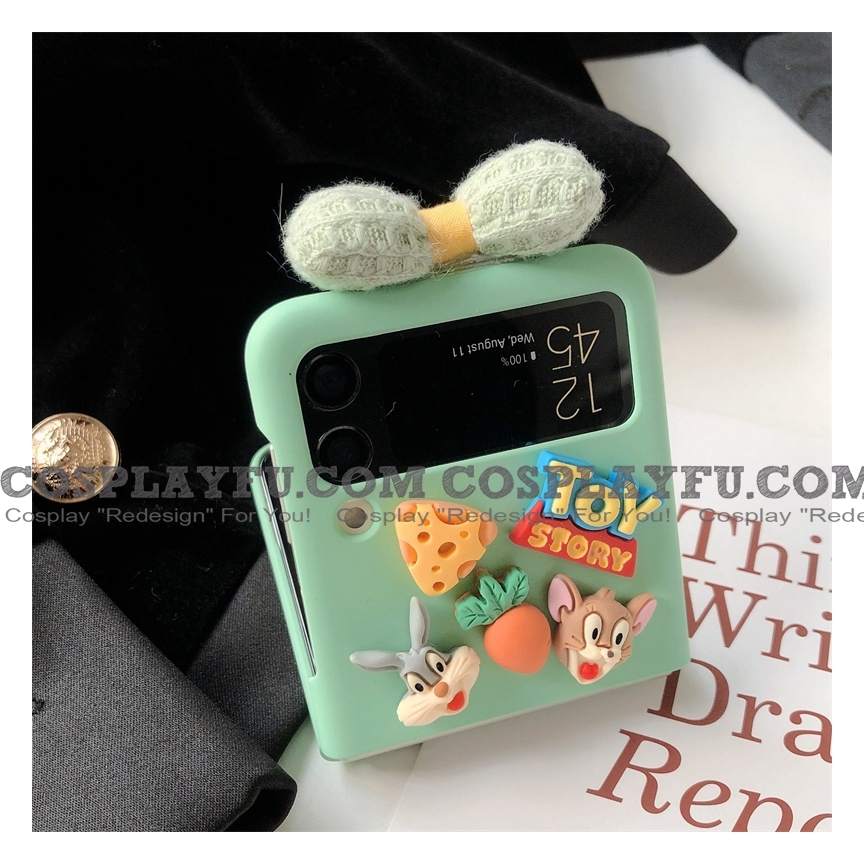 Cartoon Bunny Rabbit 3D Animals Plush Ribbon Green Phone Case for Samsung Galaxy Z Flip 3 and Z Flip 4 (5G)