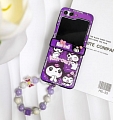 Z Flip 5 Cartoon Japanese Evil Cat Purple Phone Case for Samsung Galaxy Z Flip 3 4 5 with Chain