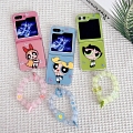 Z Flip 5 Cartoon Power Girls Grün Rosa Blau Telefon Case for Samsung Galaxy Z Flip 3 4 5 with Chain Cosplay