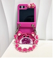 Z Flip 5 Cartoon Strawberry Bear 3D Animals Rosa Telefone Case for Samsung Galaxy Z Flip 3 4 5 with Chain Cosplay