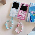 Z Flip 5 Japanese White Dog Pink Rabbit Animals Phone Case for Samsung Galaxy Z Flip 3 4 5 with Chain