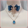 Black White Lace Lolita Blue Bow and Gem Collar Choker for Women (1255)