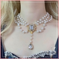 White and Gold Imitation Pearls Layered Lolita Gem Collar Choker for Women (1385)