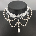 White and Gold Lace Imitation Pearls Layered Lolita Collar Choker for Women (1385)