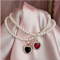 Red Black Imitation Pearls Lolita Heart Collar Choker for Women (1395)