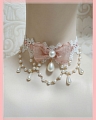 White Lace Imitation Pearls Layered Lolita Pink Bow Collar Choker for Women (1355)