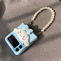 Handmade Cute Japanese Hund Tier Blau Weiß Ribbon 3D with Chain Telefon Case for Samsung Galaxy Z Flip 3 und Z Fliip 4 Cosplay (5G)