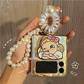 Handmade Cute Korean Mädchen Clear Transparent 3D with Pearl Chain with Elastic Band Telefon Case for Samsung Galaxy Z Flip 3 Cosplay (5G)