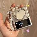 Handmade Cute Glitters Bling Bling Korean Love Herz Mädchen Silber 3D with Mirror with Pearl Chain Telefon Case for Samsung Galaxy Z Flip 3 Cosplay (5G)