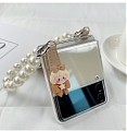 Handmade Cute Korean Elegant Girl Ribbon Clear Transparent 3D with Pearl Chain Hard Phone Case for Samsung Galaxy Z Flip 3 (5G)