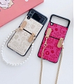 Handmade Cute Classic Korean Elegant Beige Pink Patterns Icons with Chain with Pearl Chain 3D Phone Case for Samsung Galaxy Z Flip 3 (5G)