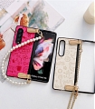 Handmade Cute Classic Korean Elegant Beige Pink Patterns Icons with Chain with Pearl Chain 3D Phone Case for Samsung Galaxy Z Fold 3 (5G)