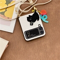 Handmade Cute Classic Korean Black Cat with Strap with 3D Animals White Leather Phone Case for Samsung Galaxy Z Flip (5G) and Z Flip 3 (5G)