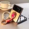 Handmade Cute Classic Elegant Korean розовый красный Gems with Glitter Rings with Pearl Chain Clear Transparent Телефон Case for Samsung Galaxy Z Flip 3 Косплей (5G)