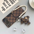 Handmade Cute Classic Elegant Grids Patterns Beige 갈색 Leather with 3D Bears Animals with Pearl Chain 전화 Case for Samsung Galaxy Z Flip 3 과 Z Flip 코스프레 (5G)