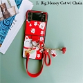 Handmade Cute Cartoon Japanese Lucky Money Gatto with Chain Rosso PC Leather Telefono Case for Samsung Galaxy Z Flip 3 Cosplay (5G)