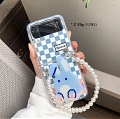 Handmade Cartoon Rabbit Bunny 3D Animals Holder Blue Grids with Pearl Chain Phone Case for Samsung Galaxy Z Flip and Z Flip 3 and Z Flip 4 (5G)