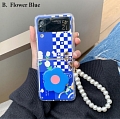 Handmade Cute Korean Blue Grids Patterns 3D Flower Holder with Pearl Chain Phone Case for Samsung Galaxy Z Flip and Z Flip 3 (5G)