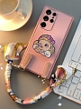 Korean 3D Girl Holder with Ribbon Ring Pink Phone Case for Samsung Galaxy S 22 Plus Ultra
