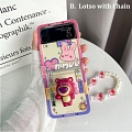 Pink Strawberry Bear 3D Animals Hinge Protect with Chain Clear Phone Case for Samsung Galaxy Z Flip 3 and Z Flip 4 (5G)